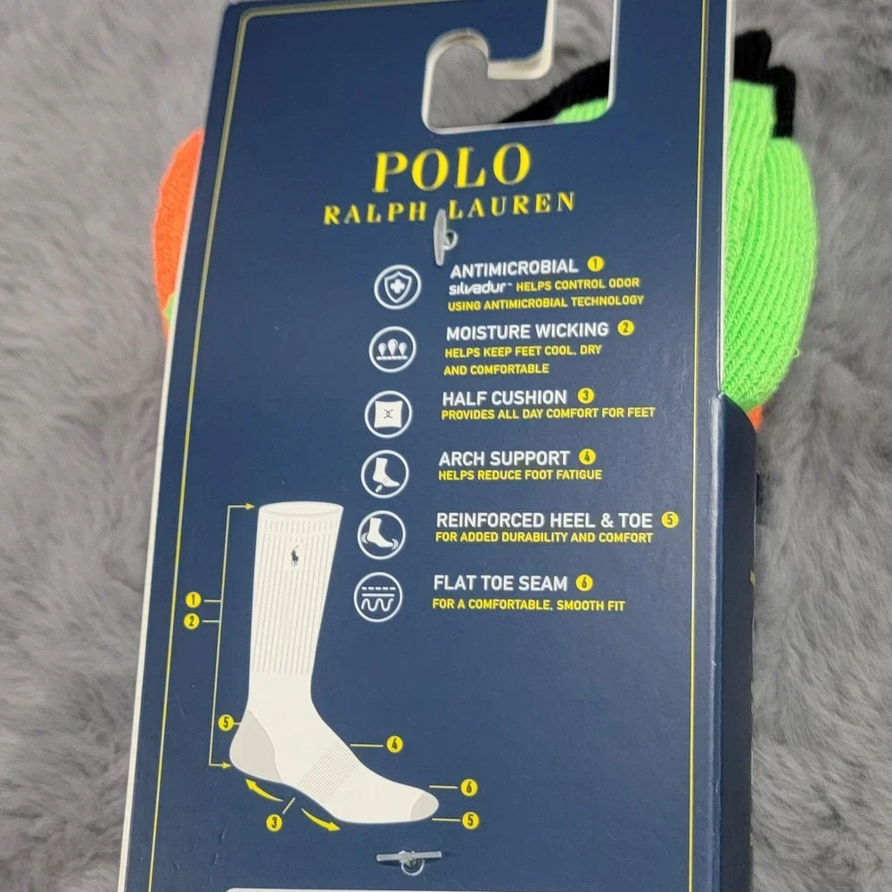 Polo Ralph Lauren Socks Mens 10-13 Multicolor Polo 1992 Performance Crew 3 Pairs